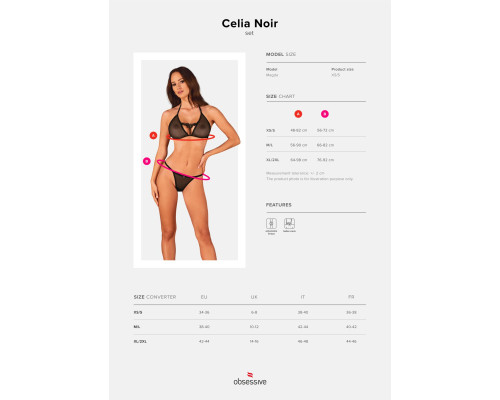 Напівпрозорий комплект Obsessive Celia Noir 2-pcs set XS/S, бюстгальтер, стрінги