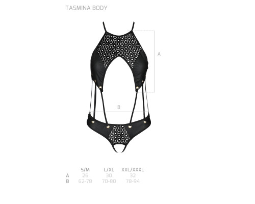 Боді з відкритим доступом Passion TASMINA BODY L/XL black, екошкіра, шнурівки, ажурні мережива