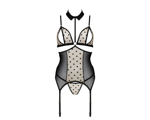 Корсет з відкритими грудьми Passion DOMINICA CORSET L/XL beige, пажі для панчіх, стрінги
