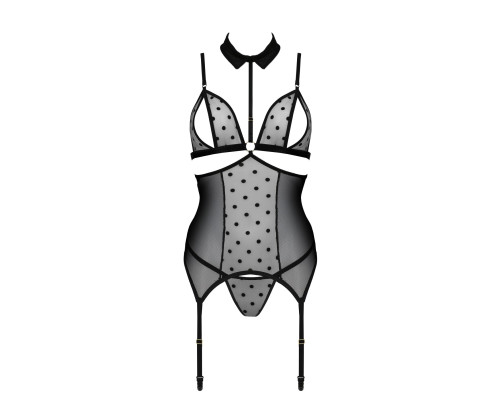 Корсет з відкритими грудьми Passion DOMINICA CORSET S/M black, пажі для панчіх, стрінги