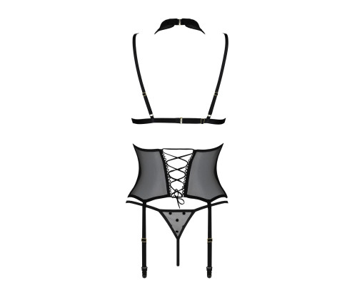 Корсет з відкритими грудьми Passion DOMINICA CORSET S/M black, пажі для панчіх, стрінги