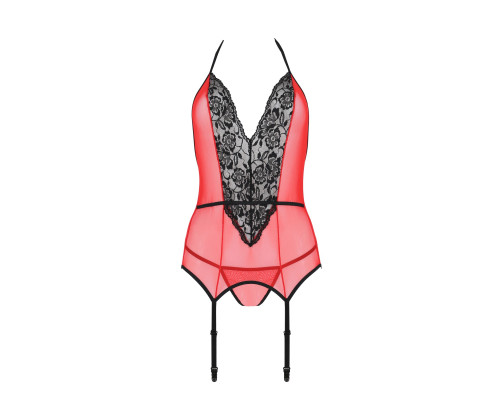 Корсет з пажами для панчіх Passion PEONIA CORSET S/M red, стрінги