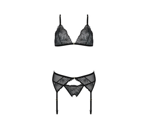 Комплект з відкритим доступом Passion DELIENA SET L/XL black, ліф, стрінги, пояс для панчіх