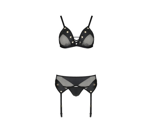 Комплект білизни Passion NESSY SET L/XL black, бюстгальтер, пояс для панчіх, стрінги