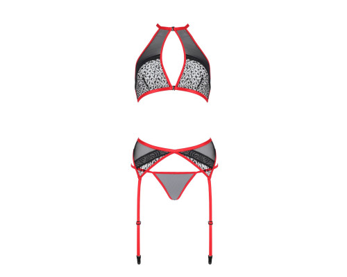 Комплект білизни Passion SATARA SET L/XL red, топ, пояс для панчіх, стрінги