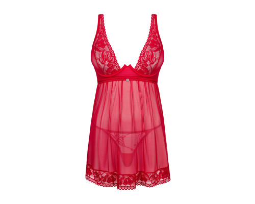 Прозора сорочка бебі-дол Obsessive Lacelove babydoll & thong M/L Red, мереживо, стрінги