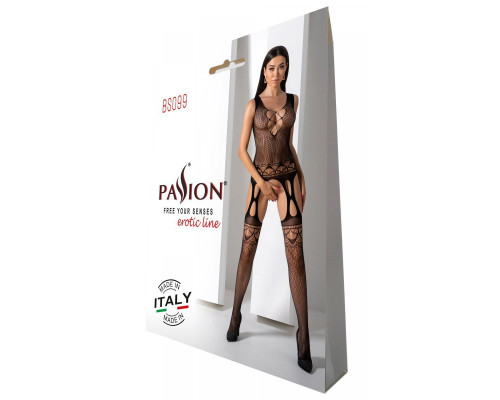 Бодістокінг з плетінням на грудях Passion BS099 One Size, black, відкритий доступ,імітація підв’язок