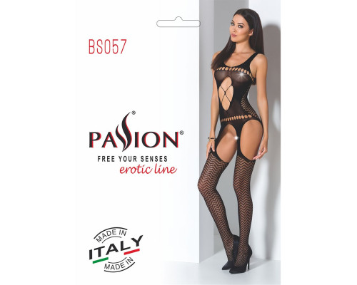 Бодістокінг Passion BS057 black, комбінезон, імітація панчох і пояса