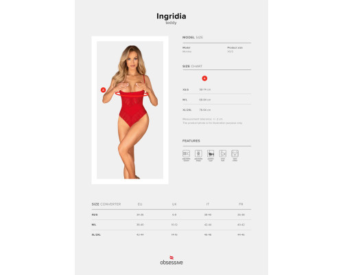 Боді з доступом Obsessive Ingridia crotchless teddy XL/2XL, червоне, відкриті груди