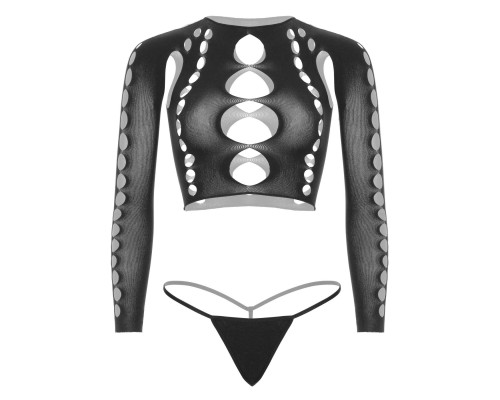 Комплект безшовної білизни Leg Avenue Long sleeve crop top & string Black, One Size, топ, стрінги