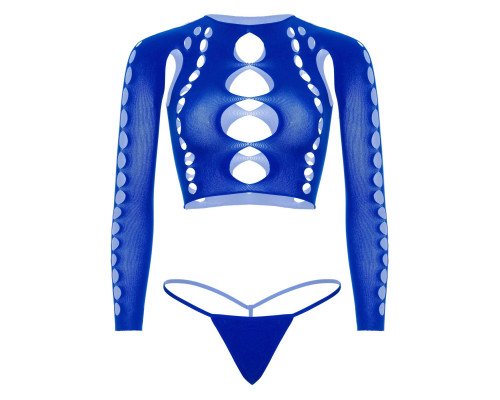 Комплект безшовної білизни Leg Avenue Long sleeve crop top & string Royal Blue One Size, топ, стрінги