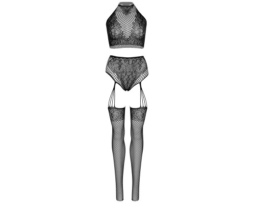 Еротичний комплект Leg Avenue Crop top and garter panty Black, топ, трусики з доступом, панчохи