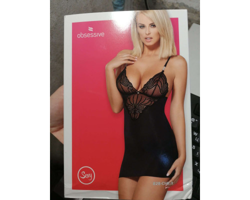 Сатиновый комплект для сна с кружевом Obsessive 828-CHE-1 chemise & thong S/M (мятая упаковка!!!)