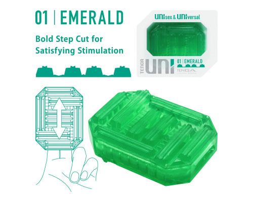 Унісекс-стимулятор Tenga UNI Emerald, зелений, з геометричним рельєфом, лубрикант у комплекті
