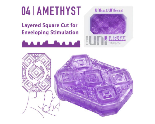 Унісекс-стимулятор Tenga UNI Amethyst, фіолетовий, візерунок у вигляді рельєфних квадратів, лубрикант у комплекті