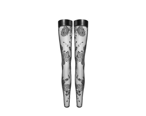 Панчохи без миска Noir Handmade F243 Tulle stockings with patterned flock embroidery, L