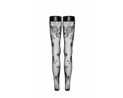 Панчохи без миска Noir Handmade F243 Tulle stockings with patterned flock embroidery, L