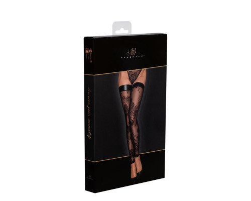Панчохи без миска Noir Handmade F243 Tulle stockings with patterned flock embroidery, L